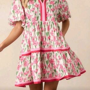 Floral Pink and Green Dress with Puff Sleeves